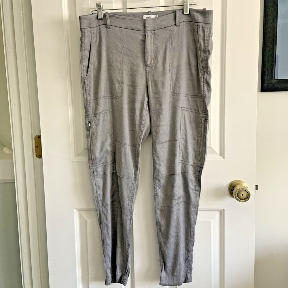 Vince Women's Gray Linen Blend Jogger Cargo Pants Size 6 Resort Cruise Coastal